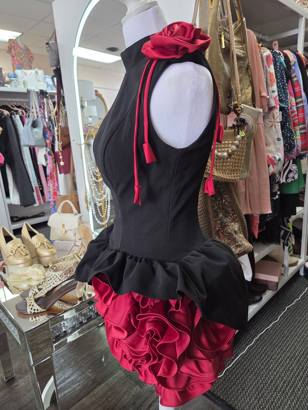 Sleeveless Black & RED  Prom Dress with Ruffle Skirt - Picture 2 of 7